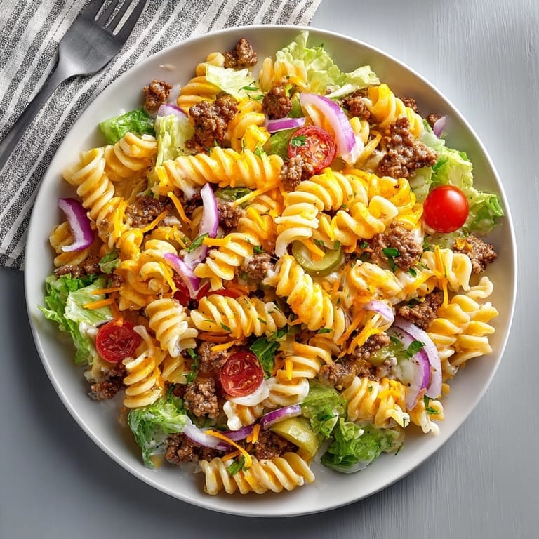Enjoy a vibrant bowl of Bacon Cheeseburger Pasta Salad featuring fresh veggies and a tangy dressing.