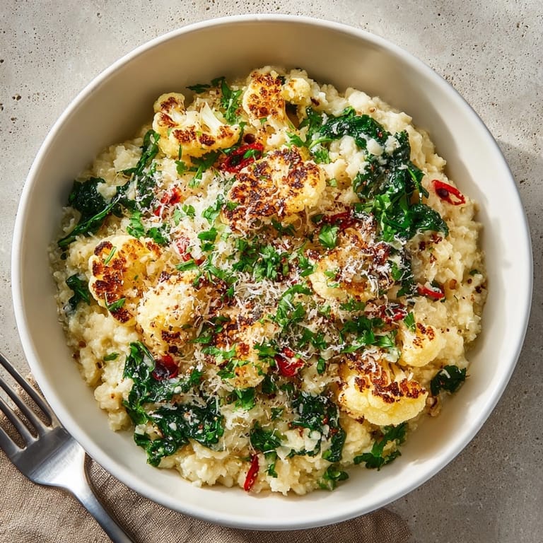 Closeup of rich Garlic Parmesan Cauliflower Risotto, featuring tender florets and golden Parmesan dust.