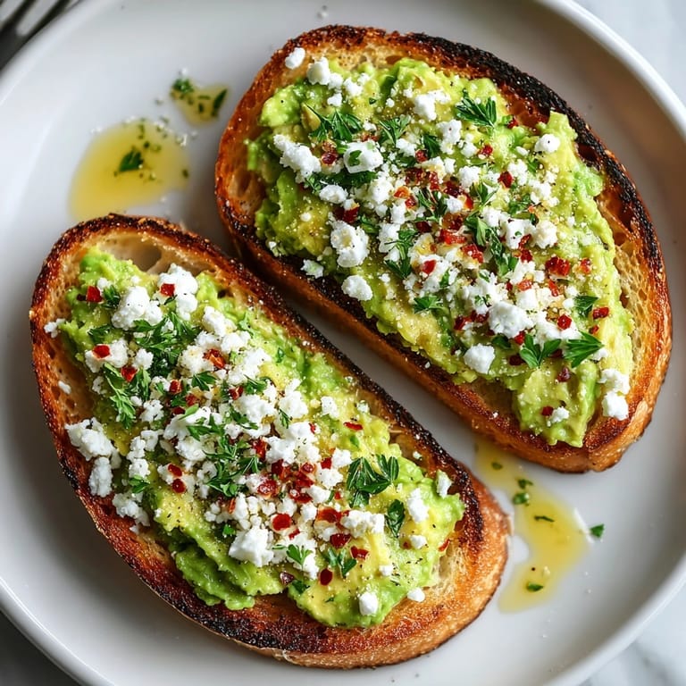 Avocado Feta Toast with Chili Flakes, featuring bright colors and a zesty, savory bite.