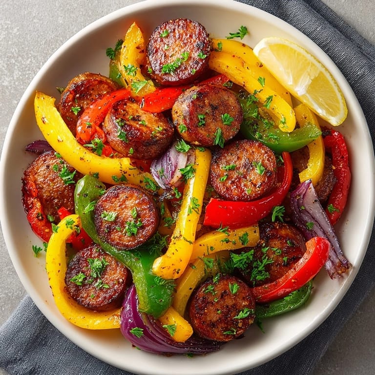 Close-up of spicy Cajun Sausage and Peppers Skillet, smoky sausage nestled among vibrant bell peppers.