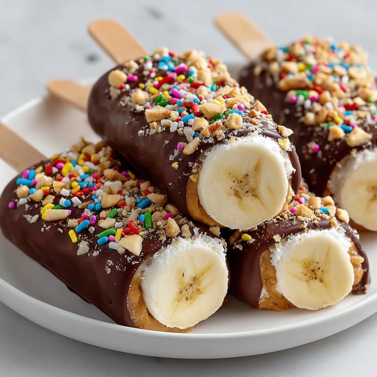 Close-up of Chocolate-Dipped Peanut Butter Banana Pops with chopped peanuts and festive sprinkles.