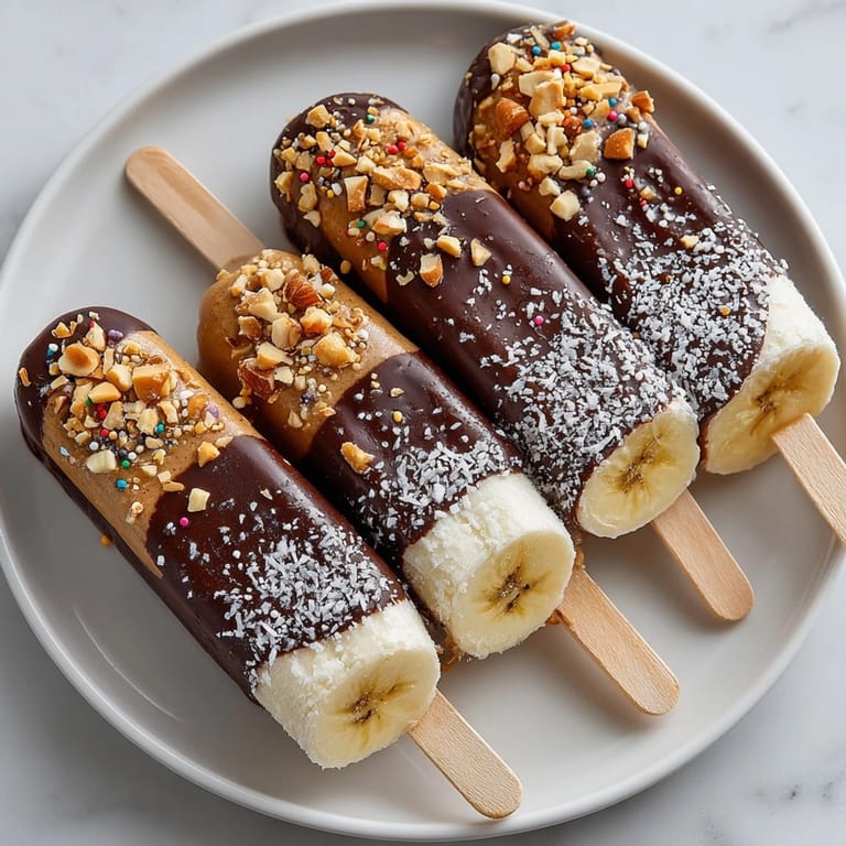 Rich chocolate coats creamy peanut butter banana pops, perfect as a chilled summer snack.