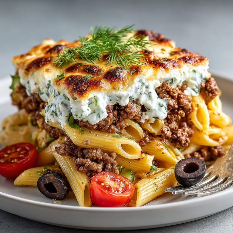 Freshly baked one-pot Greek gyro pasta bake topped with feta and bright parsley garnish.