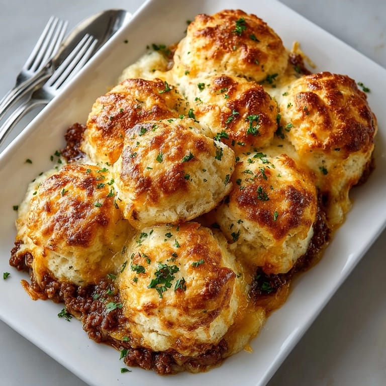 Close-up of Cheddar Bay Ground Beef Cobbler with cheesy, savory layers and fresh parsley garnish.