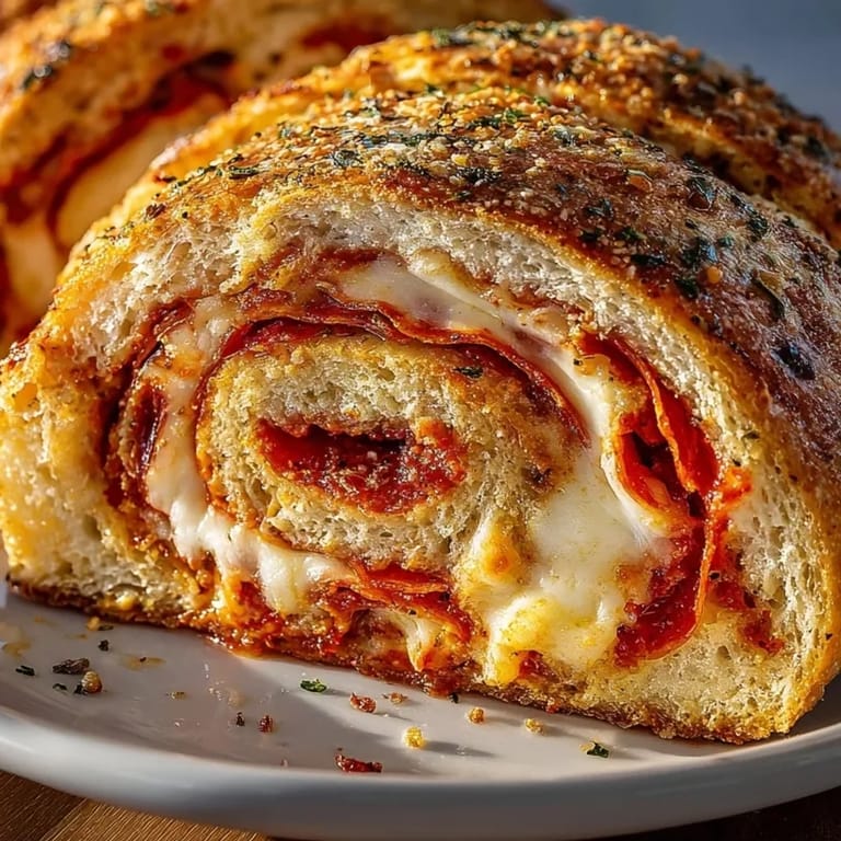 Freshly baked Cheesy Pepperoni Stromboli on parchment, sliced and ready for dipping in marinara sauce.