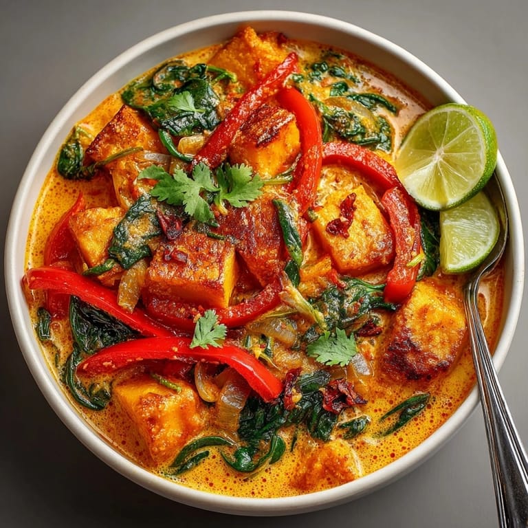 Creamy Vegan Pumpkin Curry with bell peppers, served with vibrant cilantro and a lime wedge.