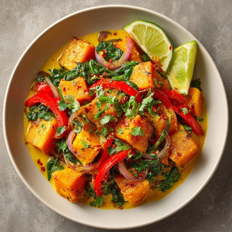 Close-up of savory Vegan Pumpkin Curry: tender pumpkin cubes in rich coconut milk broth.