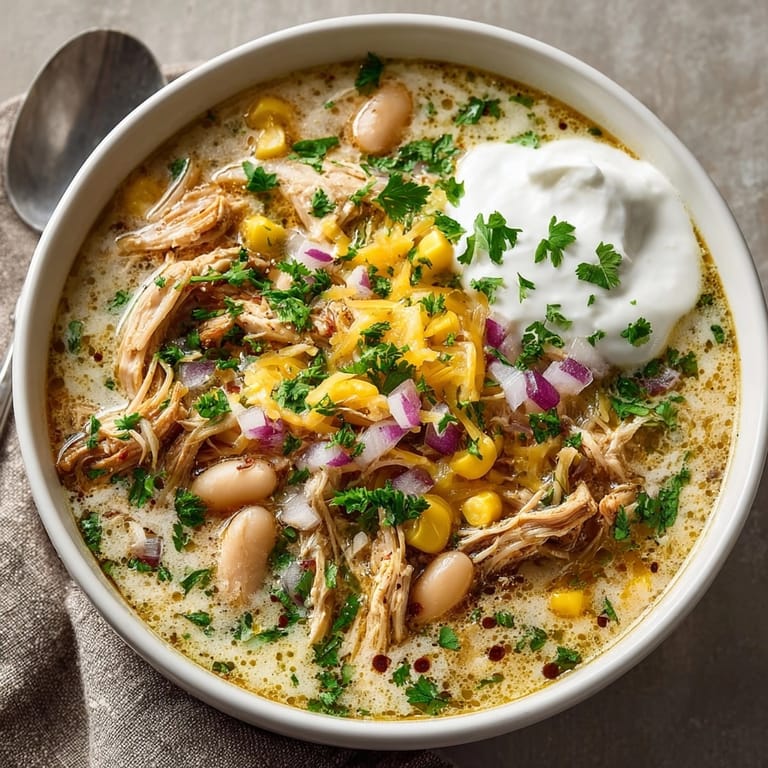 A bowl of Ghostly White Chicken Chili; smoky, comforting, and topped with cilantro.