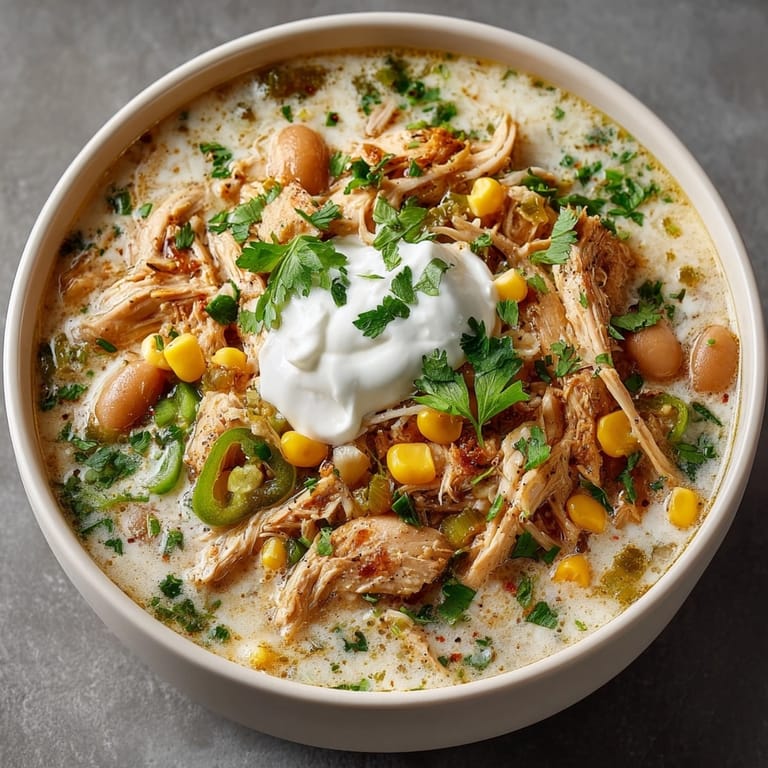 Close up of delicious Ghostly White Chicken Chili simmering, ready for a chilly autumn night.