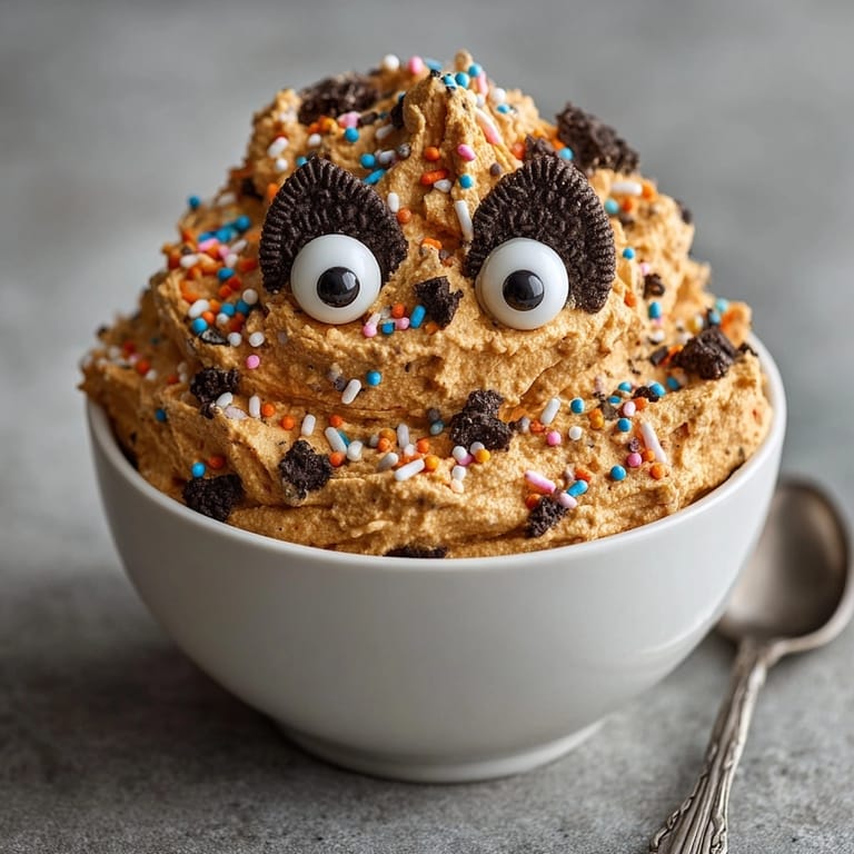 Homemade Fluffy Pumpkin Spice &ldquo;Monster&rdquo; Dip, ready for dipping graham crackers and sliced apples.