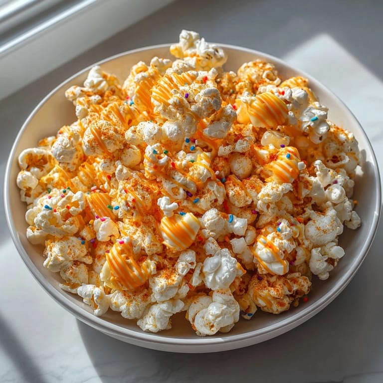 Enjoy warm, buttery Pumpkin Spice Popcorn, finished with a colorful candy coating.