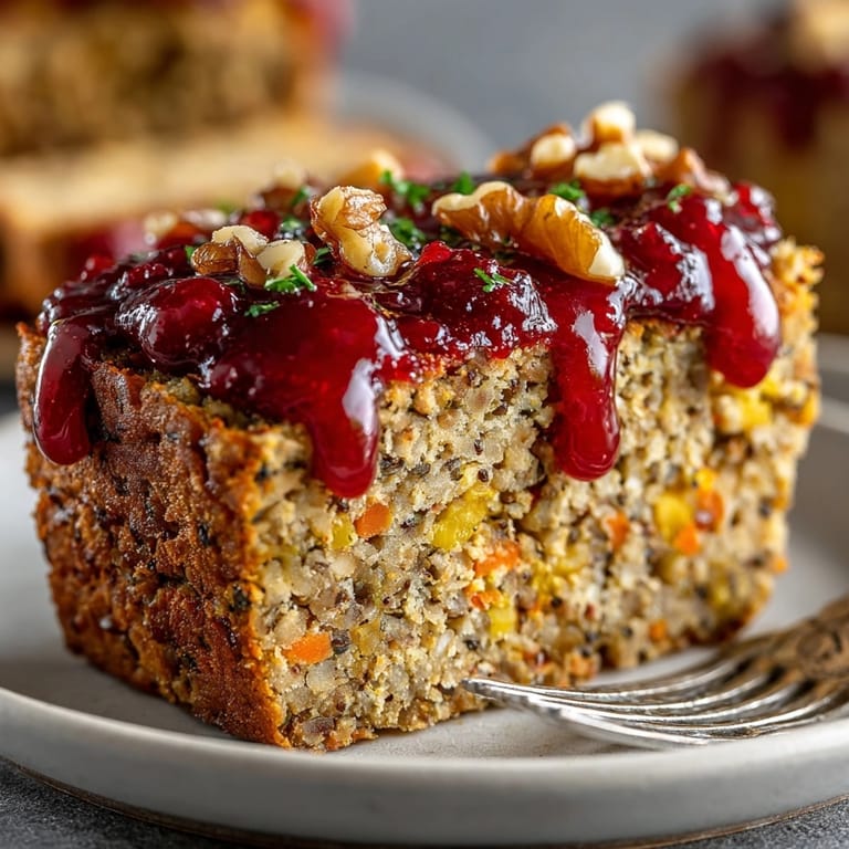 Homemade Vegan Lentil Loaf with Cranberry Glaze: savory, baked to golden perfection, ready to serve.