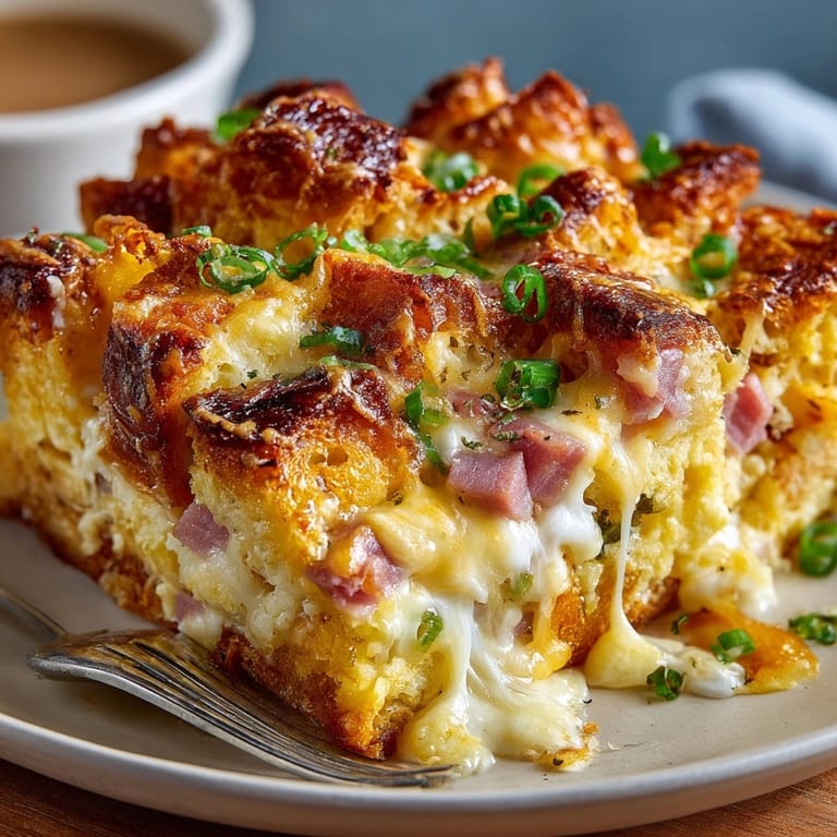Close-up of a slice of Ham &amp; Cheese Croissant Breakfast Casserole, steam rising, ready to eat.