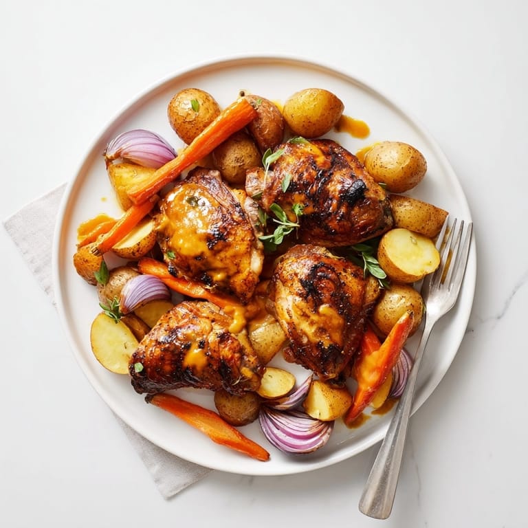 Savory Sheet Pan Hot Honey Mustard Chicken, a quick, easy dinner recipe idea.