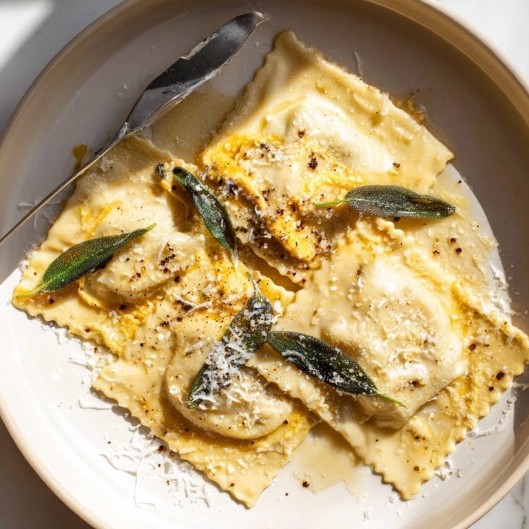 Close-up of creamy Sage Butter Pumpkin Ravioli, showcasing the fresh pasta and herb aroma.
