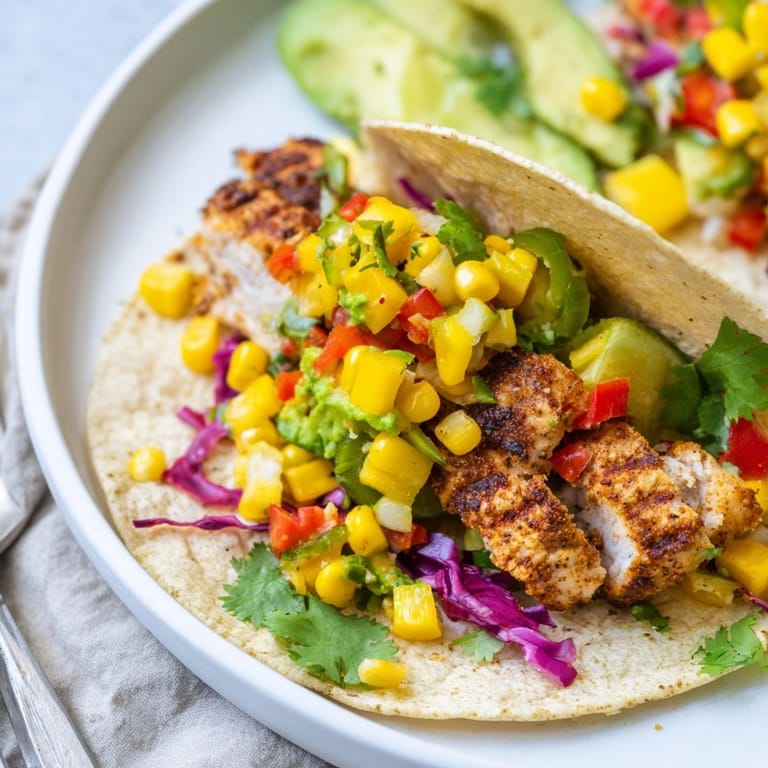 Delicious Mango Corn Salsa Chicken Tacos recipe showcases juicy marinated chicken and fresh toppings.