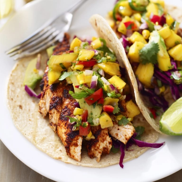 Easy, healthy Mango Corn Salsa Chicken Tacos, perfect for a light and flavorful dinner.