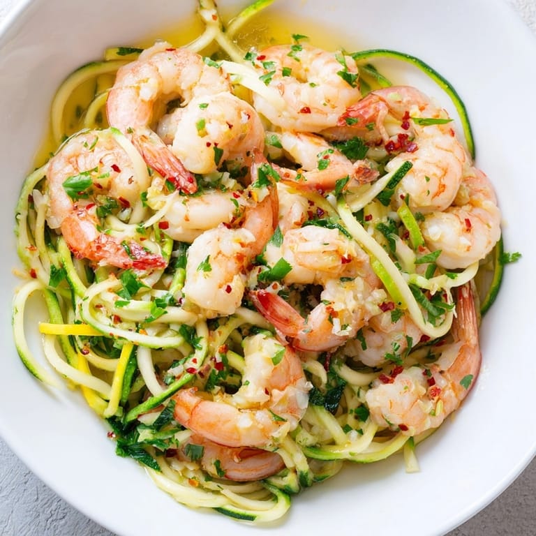 Creamy lemon Shrimp Scampi Zucchini Noodles, a light and flavorful low-carb Italian dish.