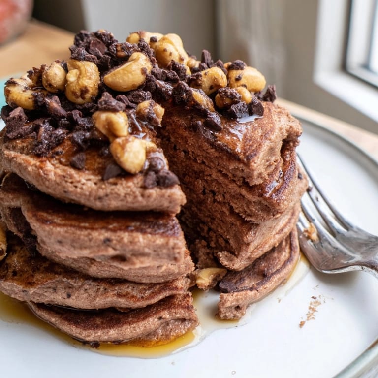 Warm, fluffy Protein Chocolate Cashew Pancakes—a decadent breakfast with a hint of cocoa.