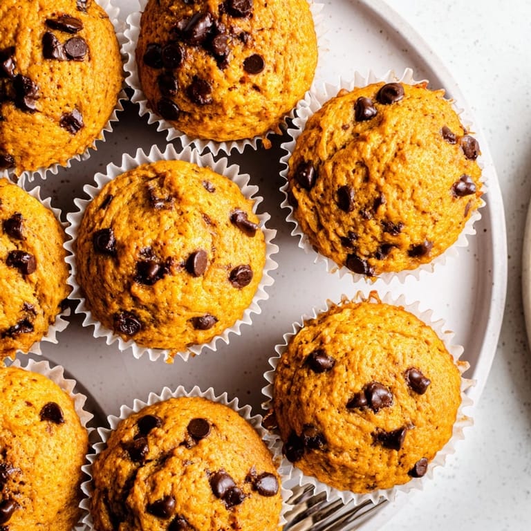 Warm Pumpkin Chocolate Chip Muffins, golden brown with a rich chocolatey swirl, perfect for breakfast.