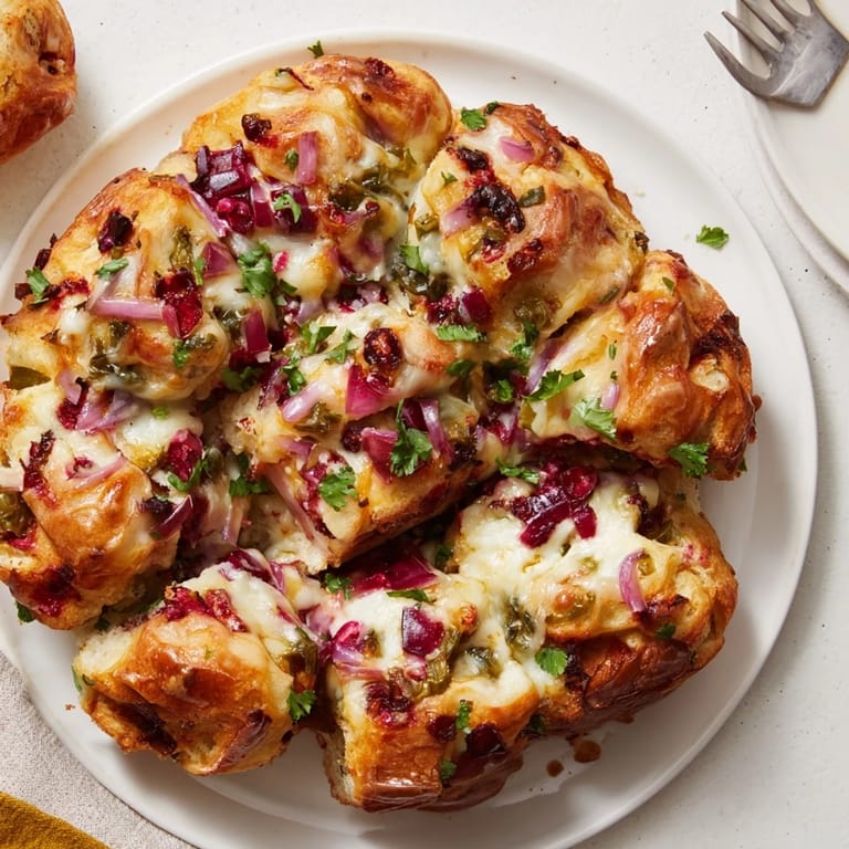 Layered cranberry jalapeño dip pull-apart bread, warm and gooey, ideal for game day.