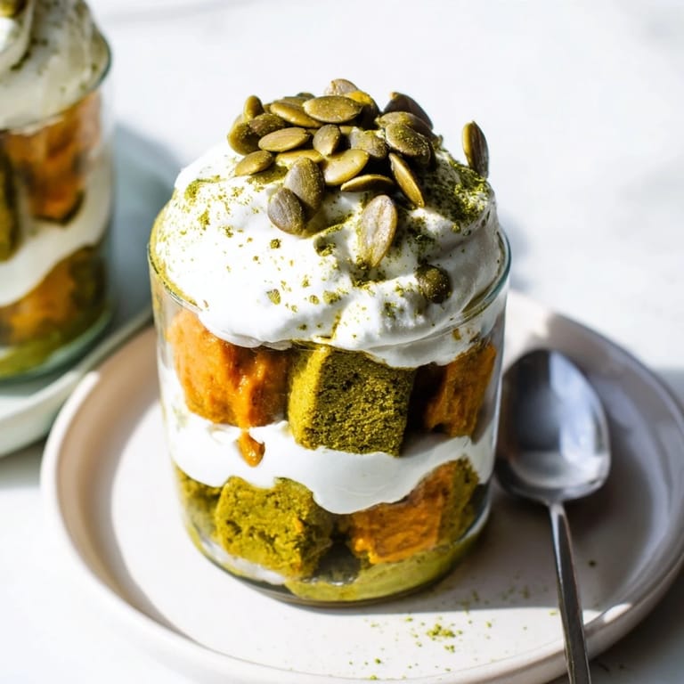 Vibrant Matcha Pumpkin Muffin Trifles showcasing rich pumpkin cream and fluffy whipped topping.  