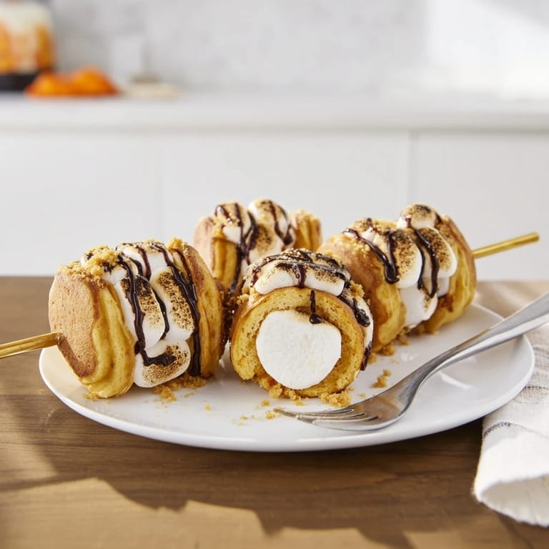 Fluffy pumpkin pancake muffins filled with cheesecake, toasted marshmallows, and melted chocolate.  