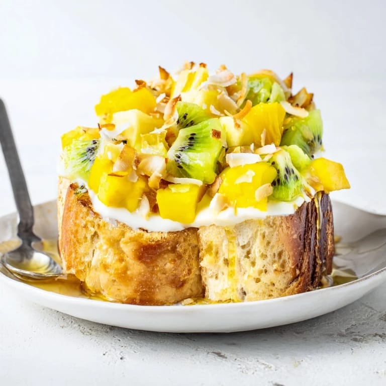 Indulge in colorful Yogurt-Custard Toast 2.0, drizzled with honey and lively fruits.
