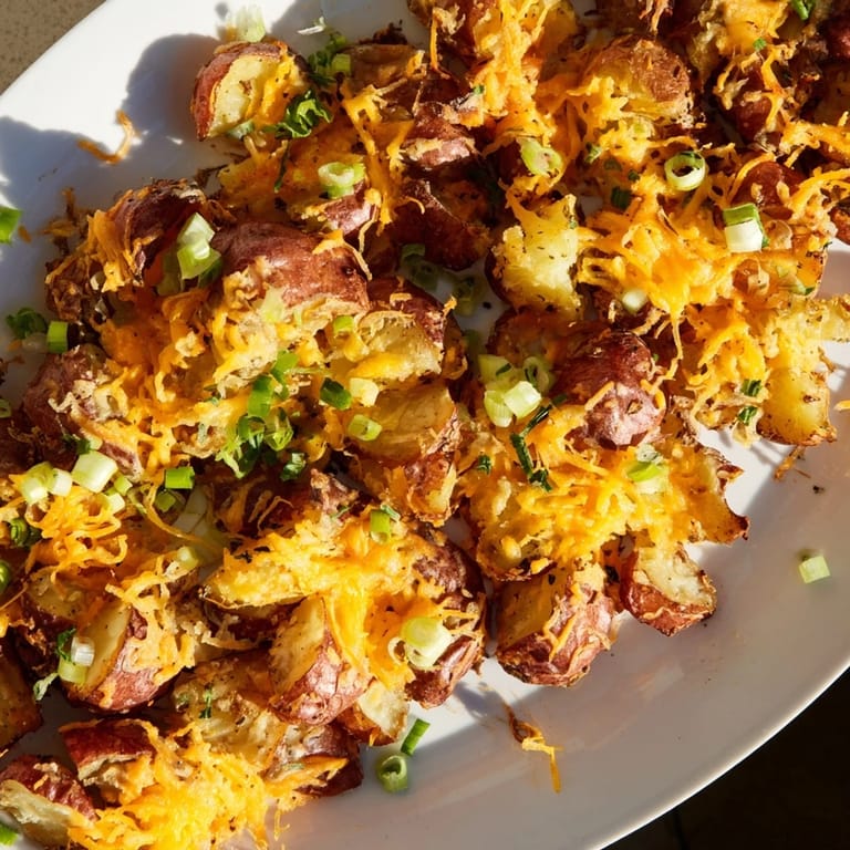 Golden brown smashed green onion potato bombs, perfect as an appetizer for gatherings.  