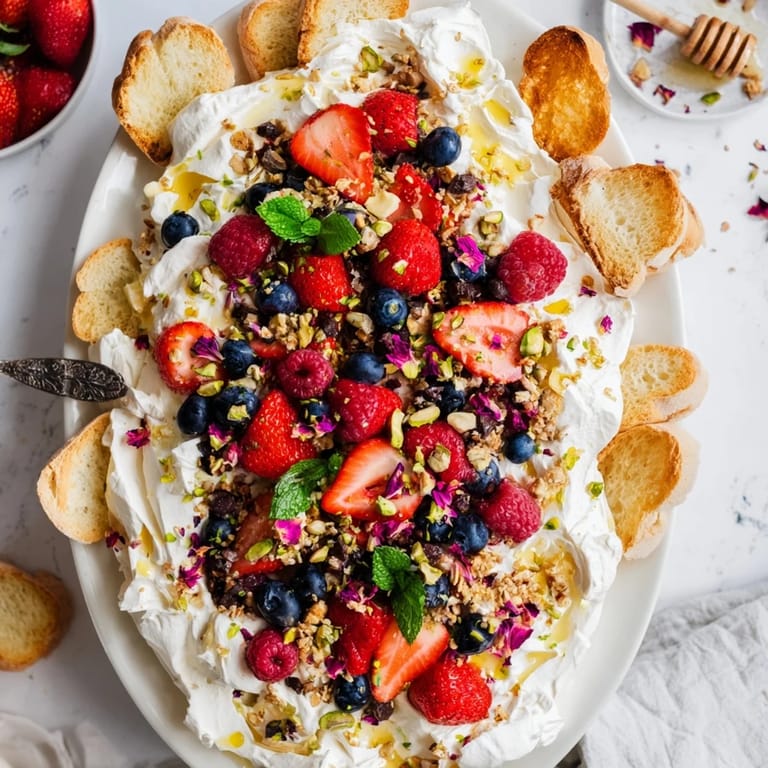 Whipped cream cheese butter board dessert topped with fresh berries and crunchy nuts.  