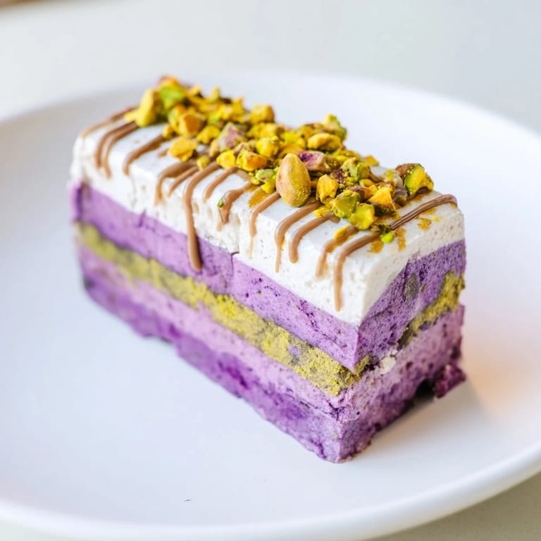 Vibrant ube and nutty pistachio layers in homemade ice cream bars, irresistible treat!  