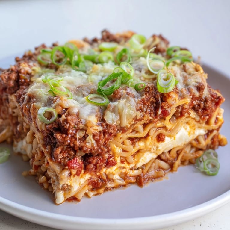 Savory Spicy Ramen Lasagna showcasing spicy pork and melty cheese, ideal for gatherings.