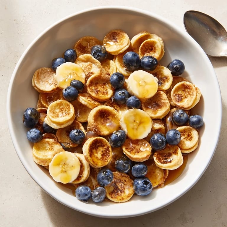 Golden mini pancake cereal, perfectly crispy, enjoyed with milk and fruit toppings.