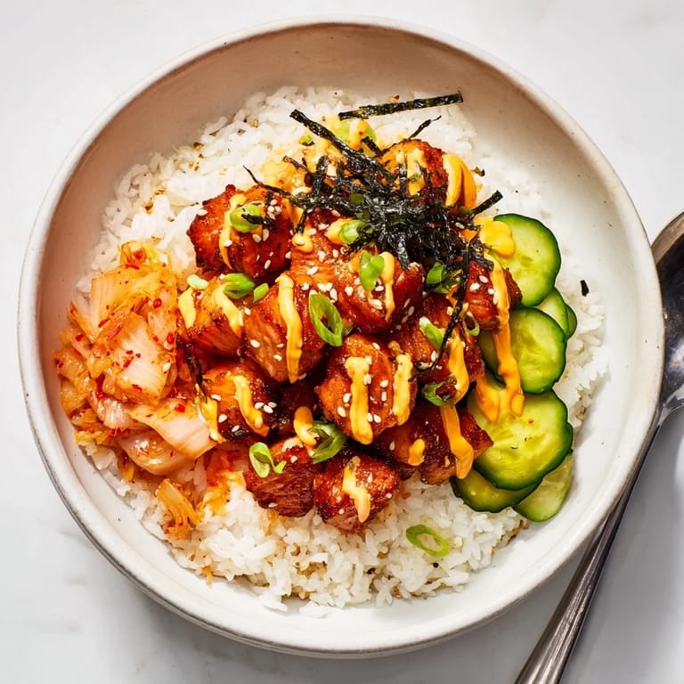 A delicious Crispy Salmon Rice Bowl served with tangy kimchi and garlic crunch.