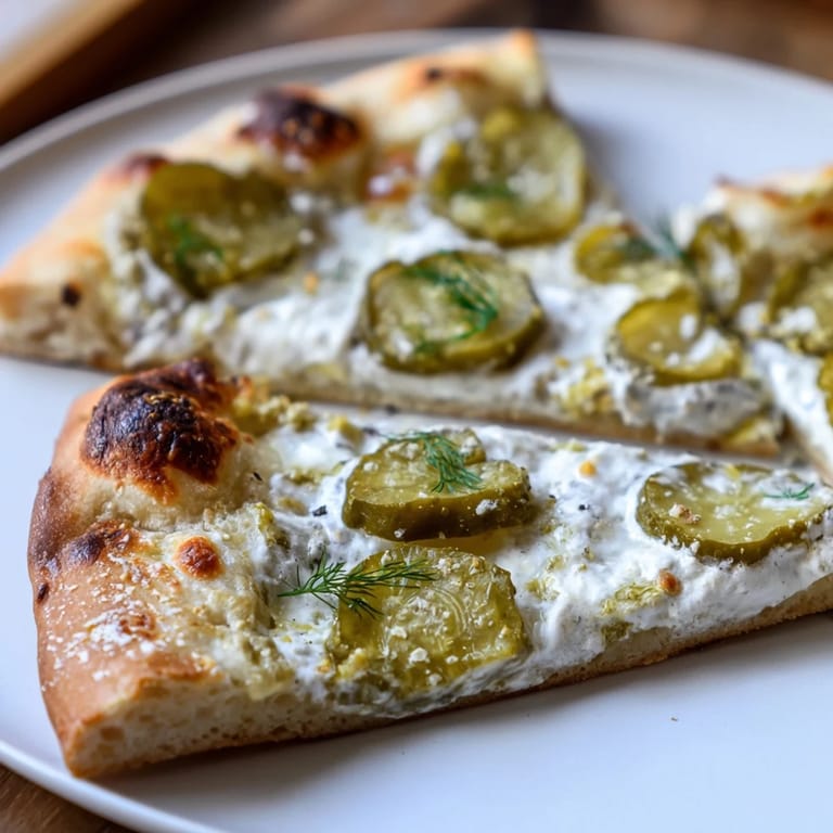 Savor the unique flavors of Pickle Pizza with a rich crème fraîche and garlic sauce.