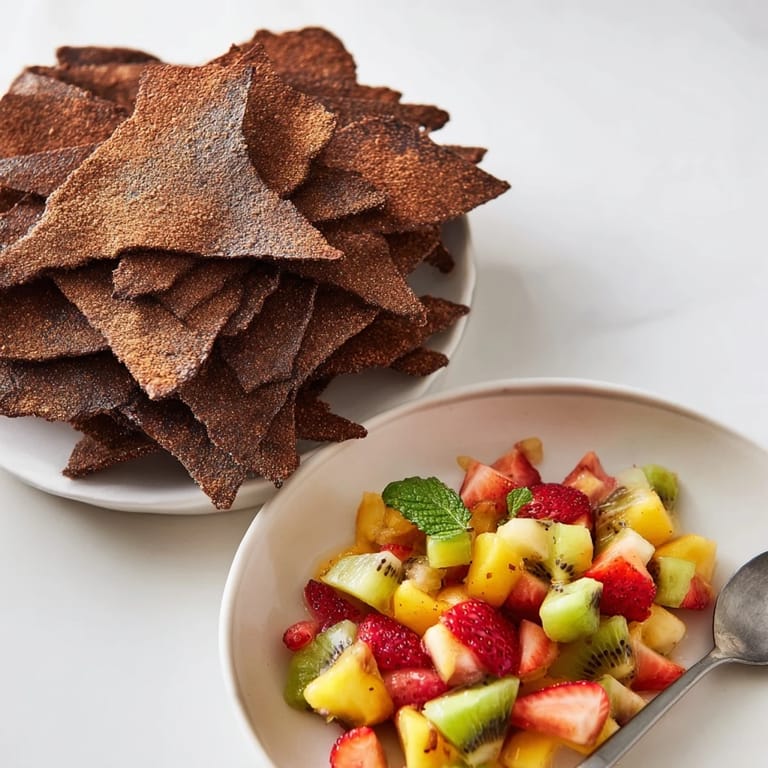 Delicious Dessert Chips & Salsa served with colorful fruit for a tasty treat.  