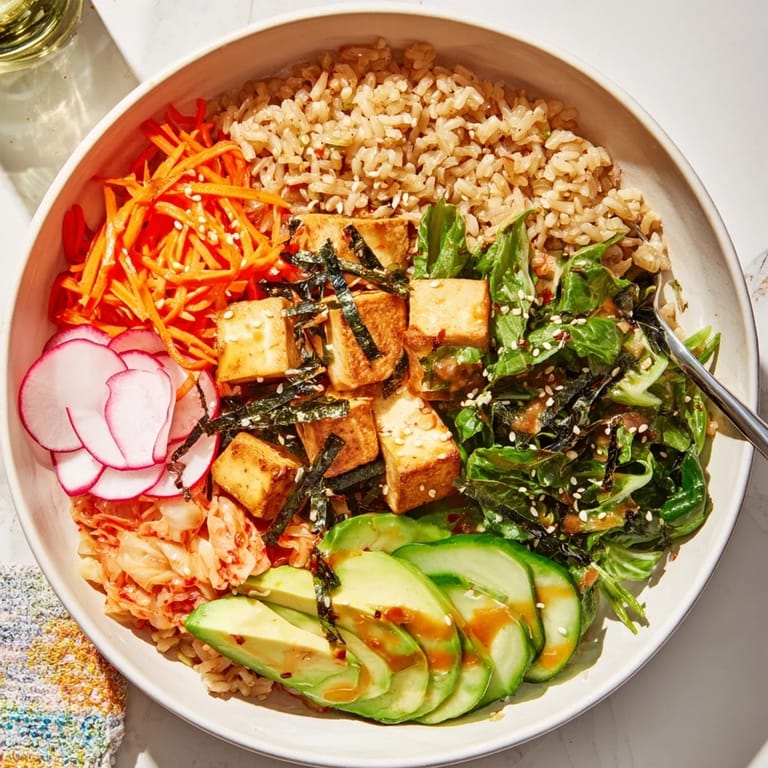 Delicious fermented vegetable bowl featuring kimchi, avocado, and a zesty dressing.