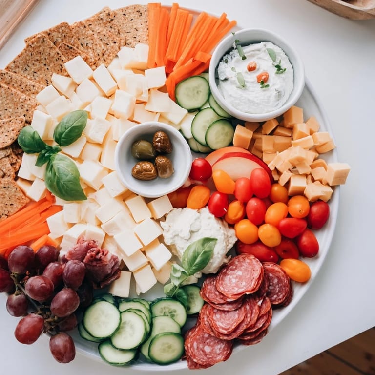 Customize your Girl Dinner Platter with colorful vegetables, dips, and delightful treats.  