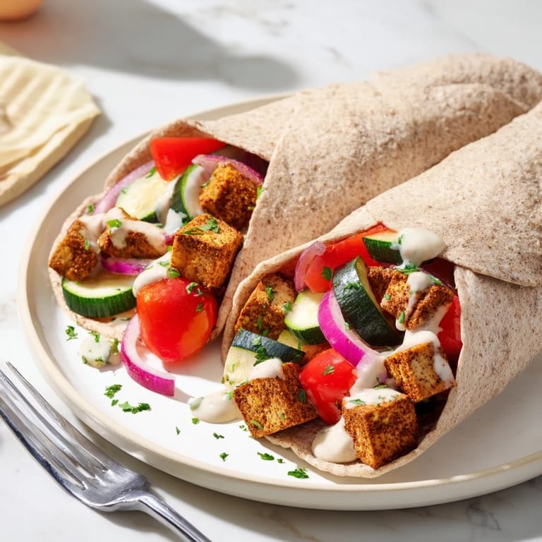 Delicious Vegan Viral Recipe re-make served in whole wheat pita with zesty tahini drizzle.