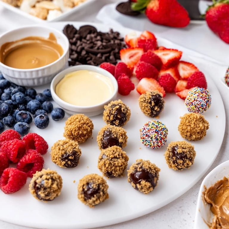 Creamy cheesecake bites artfully displayed with fresh fruits and rich toppings on a platter.  
