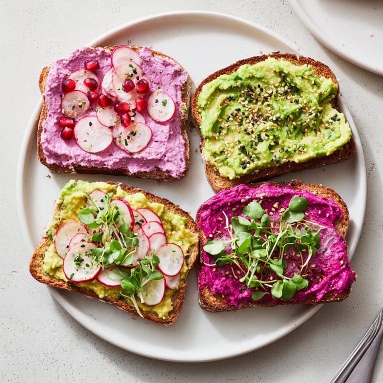 Exciting Bright & Bold Breakfast Toasts adorned with radishes, pomegranate, and herbs.