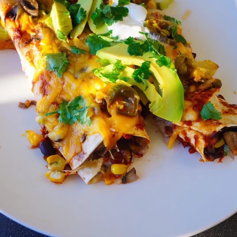 Delicious Farmers Market Vegetarian Enchiladas drizzled with tangy sauce and avocado slices.