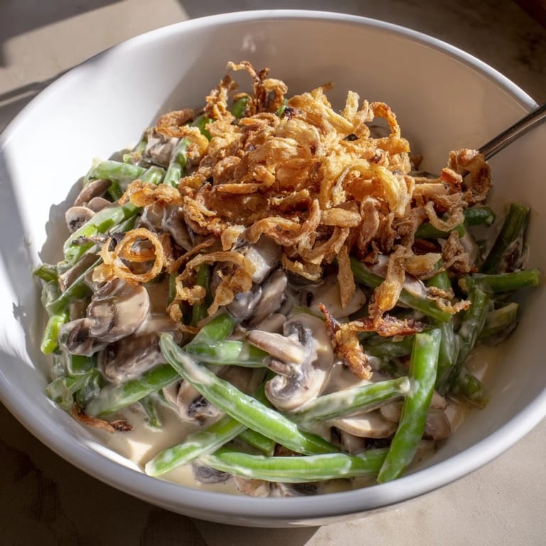 Nostalgic Old-School Green Bean Casserole, deliciously baked with golden, crispy onion topping!