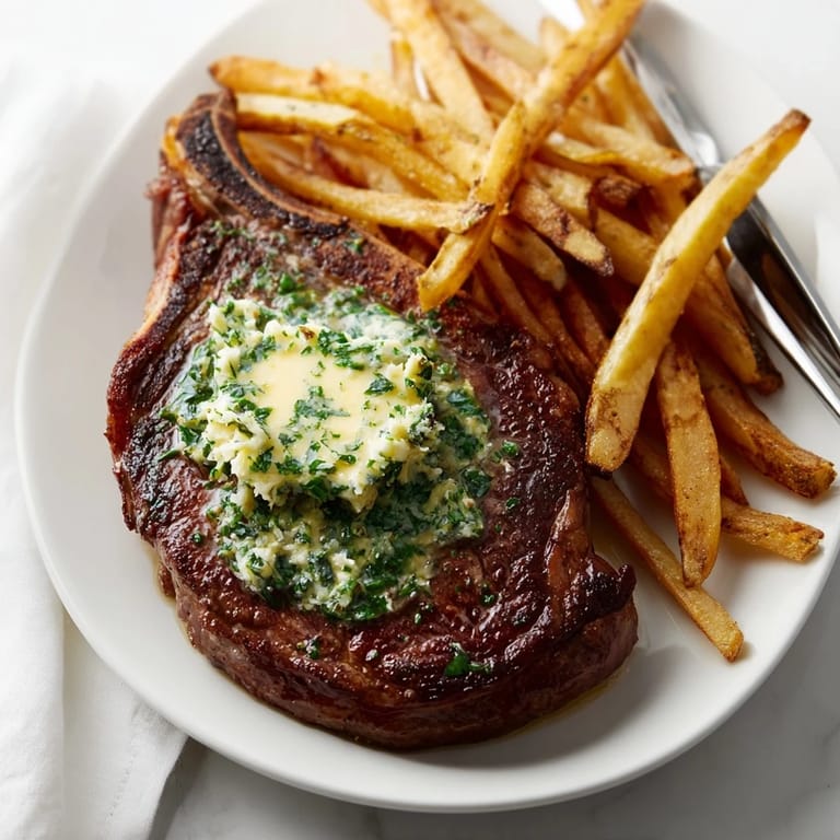 Savory Steakhouse Garlic Butter Steak garnished with fresh herbs and crispy fried potatoes.