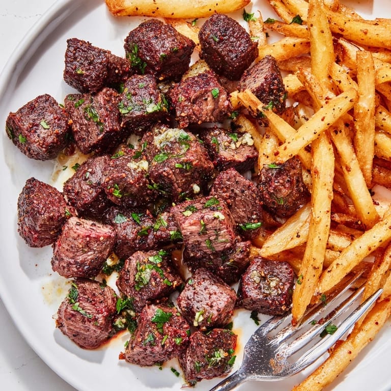 Savory blackened Cajun steak bites tossed with golden fries for a delicious meal.  