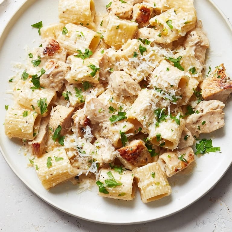 Comforting Creamy Garlic Parmesan Chicken Rigatoni served with extra grated cheese on top.  