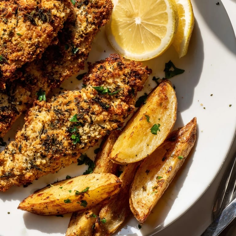 Golden-brown potato wedges served alongside flavorful herbed chicken tenders.  