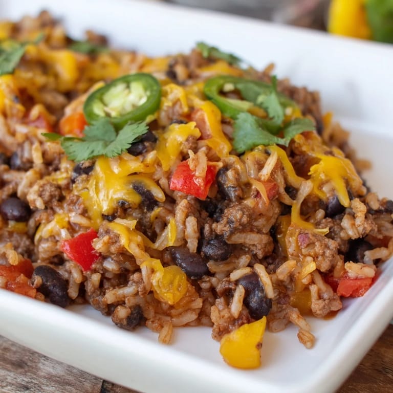 Smoky aromas of the baked Tex-Mex Beef & Rice Casserole, featuring a bubbly cheese crust and savory beef.