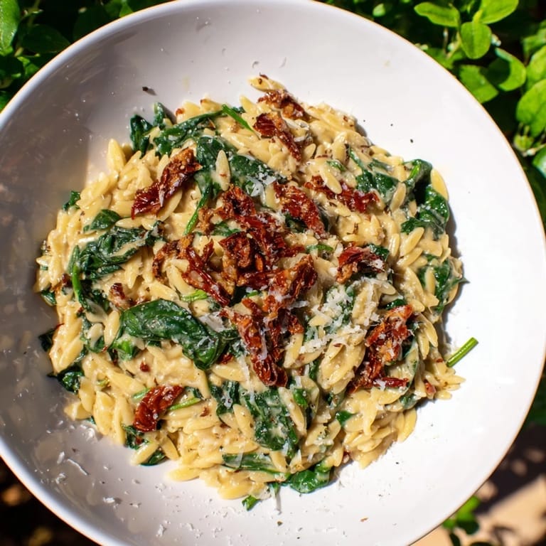 This warm Creamy Tuscan Orzo Bowl features rich, creamy sauce and sun-dried tomatoes; imagine the delicious flavors.