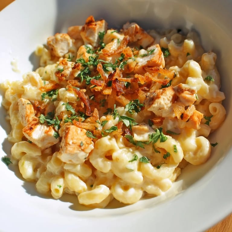 A close-up of creamy One-Pot Honey BBQ Chicken Mac and Cheese, served in a bowl, perfect dinner.